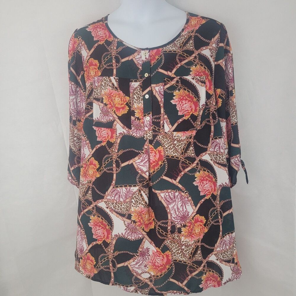 DRESSBARN Womens Blouse Sz 3X Semi Sheer Floral Equestrian Animal Country